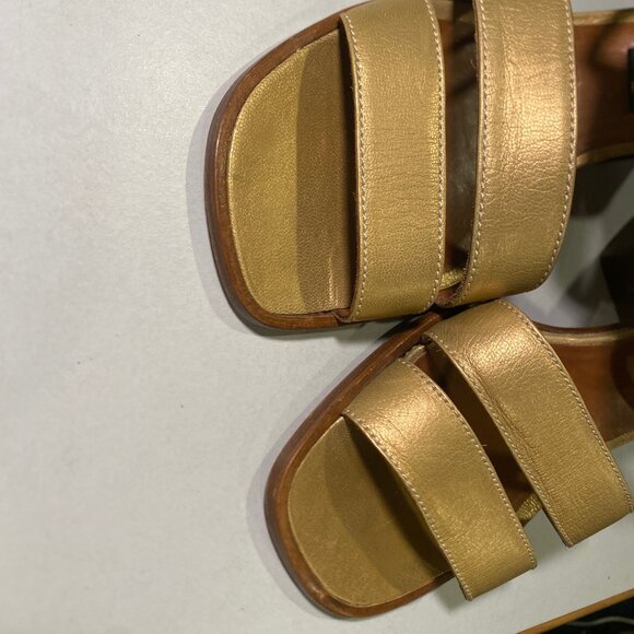 Donna Karan - Size 8.5M -  Women's leather band sandal block heel in gold, Italy - Picture 6 of 11
